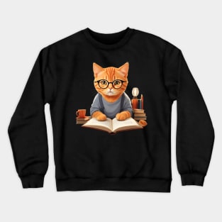 Nerd ginger cat reading book wearing glasses Crewneck Sweatshirt